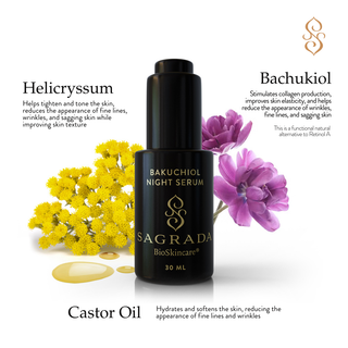 Night Bakuchiol Serum with Helichrysum, Bakuchiol, and Castor Oil to hydrate, tone, and reduce wrinkles for night skincare.