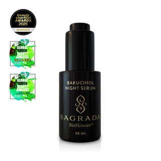 Bakuchiol Night Serum by Sagrada BioSkincare, 2025 Beauty Shortlist Award Winner and Global Green Beauty Awards Winner and Highly Commended.