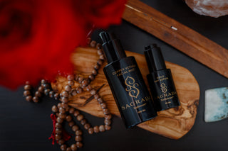 Luxury skincare Black Friday & Cyber Monday banner featuring Sagrada’s Copper Vetiver Mist and Gold Day Serum on a wooden ritual tray.