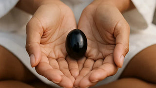 Woman in a robe holding a black obsidian yoni egg in her cupped hands, symbolizing sacred feminine care and intentional wellness rituals.