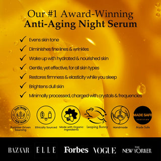 Benefits of Sagrada Bakuchiol Night Serum highlighting overnight hydration, smoother-looking skin, improved tone, and gentle renewal