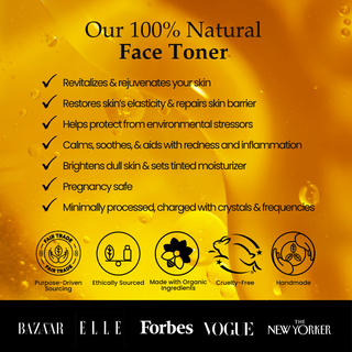 Benefits List of 100% Natural Face Toner Mist as well as certifications and magazine features