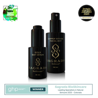 Sagrada Day Ritual Radiance Set featuring Gold Day Serum and Copper Vetiver Facial Mist, displayed with award badges
