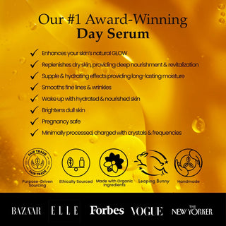Benefits of Sagrada Gold Day Serum highlighting hydration, radiance, long-lasting moisture, and smoother-looking skin