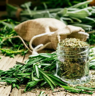 Fresh and dried rosemary displayed on a wooden table with a glass jar filled with dried rosemary, fresh rosemary sprigs, and a burlap sack in the background.