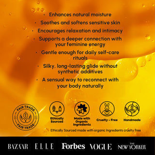 Product advertisement with text about skin benefits and brand logos on an orange background