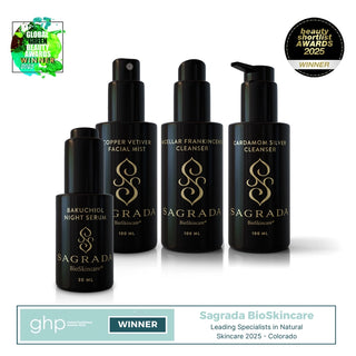 Sagrada Night Ritual Reawakening Set featuring Bakuchiol Night Serum, Copper Vetiver Facial Mist, Micellar Frankincense Cleanser, and Cardamom Silver Cleanser, displayed with award badges