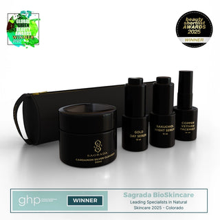 Sagrada travel-size skincare set featuring Cardamom Silver Cleanser, Gold Day Serum, Bakuchiol Night Serum, and Copper Vetiver Facial Mist