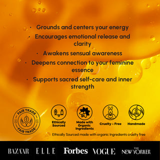 Orange background with text about yoni egg benefits and certification logos.