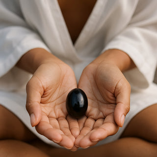 Person holding a black obsidian yoni egg in their hands against a neutral background