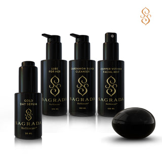Set of SAGRADA BIOskincare products on a white background
Cardamom Silver Cleanser
Copper Vetiver Facial Mist
Gold Day 
Lub for her
Obsidian Yoni Egg