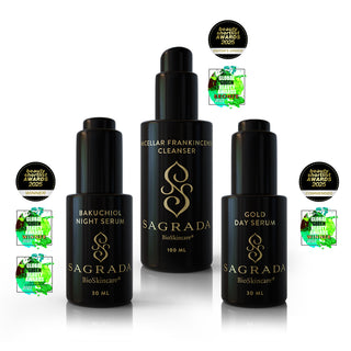 Award-winning Sagrada BioSkincare set featuring Bakuchiol Night Serum, Gold Day Serum, and Micellar Frankincense Cleanser, recognized by Beauty Shortlist Awards 2025 and Global Green Beauty Awards for excellence in natural skincare.