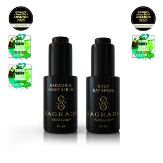Award-winning Sagrada BioSkincare Bakuchiol Night Serum and Gold Day Serum duo with Beauty Shortlist Awards and Global Green Beauty Awards badges, showcasing natural, clean skincare for radiant, youthful skin.