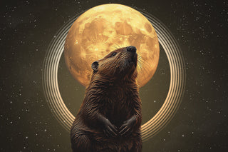 Illustration of a beaver under a glowing full moon with a cosmic background, representing the Beaver Moon Ritual from Sagrada BioSkincare’s Castor Oil Materia Medica session.