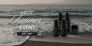 Sagrada BioSkincare End of Summer Event banner featuring skincare products on the beach with 25% off.