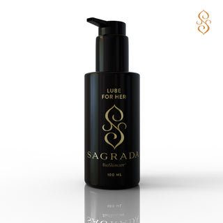 Black bottle of Sagrada Bioskincare lube for her on a white background