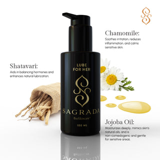 Sagrada Bioskincare product bottle with chamomile, shatavari, and jojoba oil text on a white background