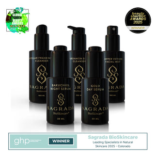 Sagrada BioSkincare bundle with award and certification badges, showcasing high-performance clean beauty products