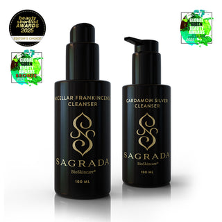 Award-winning Sagrada BioSkincare cleansers bundle, featuring Micellar Frankincense Cleanser and Cardamom Silver Cleanser, recognized with 2025 Beauty Shortlist Editor’s Choice, Global Green Beauty Awards Bronze, and Commended honors.