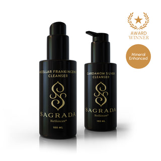Sagrada Cleanser Duo featuring Micellar Frankincense Cleanser and Cardamom Silver Cleanser award-winning mineral enhanced skincare set