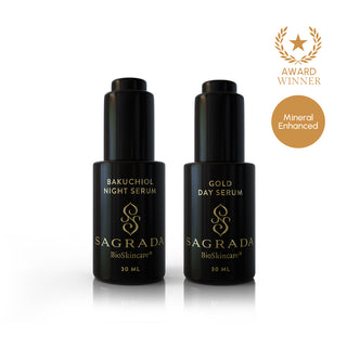 Sagrada serum duo featuring Gold Day Serum and Bakuchiol Night Serum award-winning mineral enhanced skincare set