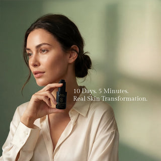 Model holding Sagrada Gold Day Serum representing the brand’s natural botanical skincare ritual