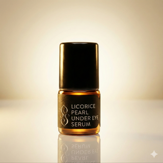 Sagrada Licorice Pearl Under Eye Serum glowing in soft golden light, emphasizing its brightening and revitalizing properties