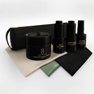 Sagrada BioSkincare Mother’s Day bundle with travel-size serums, cleanser, facial mist, silk pillowcase, and cosmetic bag for radiant skin ritual