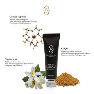 Sagrada Neroli + Copper Peptide Under Eye Treatment with copper peptides, niacinamide, and CoQ10 to support firmer, brighter, smoother-looking under-eye skin