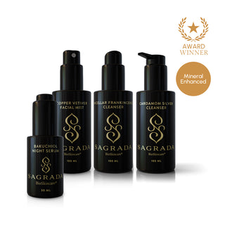 Sagrada Night Ritual bundle featuring Bakuchiol Night Serum, Copper Vetiver Facial Mist, Micellar Frankincense Cleanser, and Cardamom Silver Cleanser award-winning mineral enhanced skincare set