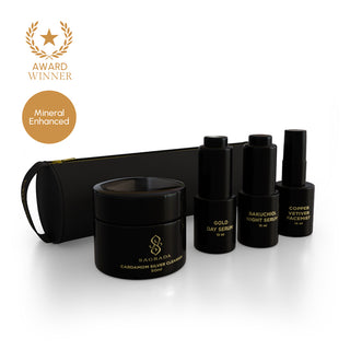Sagrada BioSkincare mini set featuring Cardamom Silver Cleanser, Gold Day Serum, Bakuchiol Night Serum, and Copper Vetiver Facial Mist with travel pouch