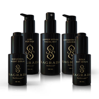 Yoni Ritual Essentials Bundle by Sagrada BioSkincare featuring Cardamom Silver Cleanser, Copper Vetiver Facial Mist, Gold Day Serum, and Lube for Her